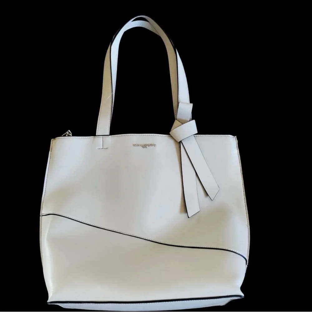 Karl Lagerfeld Paris Tote off white bow double handle faux leather bucket bag​